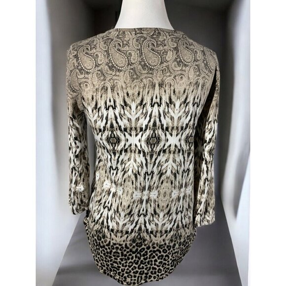 Chicos Brown Animal Leopard Paisley Print Quarter Sleeve Keyhole Tunic Top Small - Picture 7 of 8